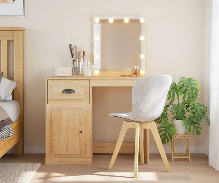 Toaletka z lustrem LED dąb sonoma Ergik w przykładowym wnętrzu