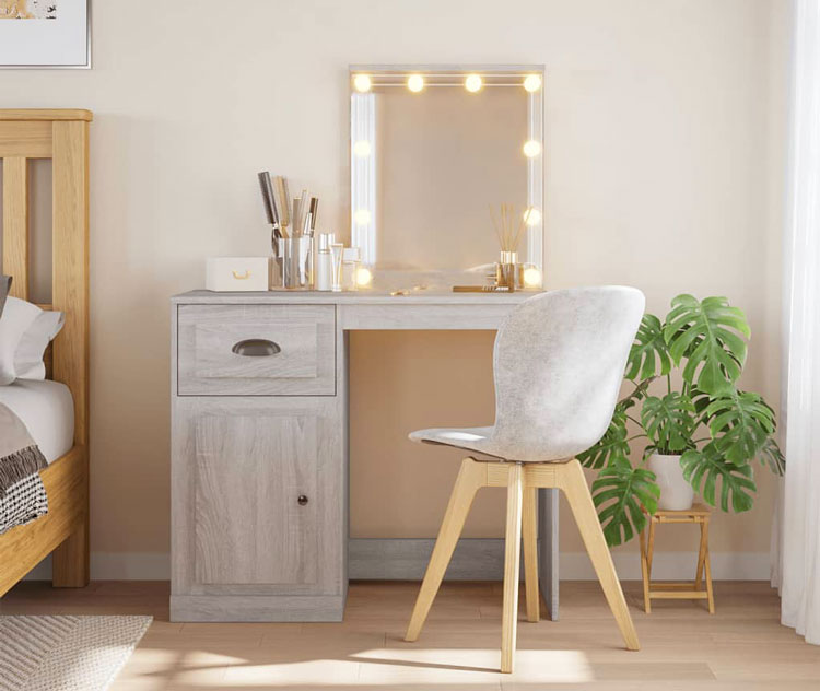 Sypialnia nowoczesna z toaletką z lampkami Ergik szary dąb sonoma