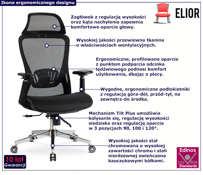 Czarny ergonomiczny fotel biurowy obrotowy Vemir