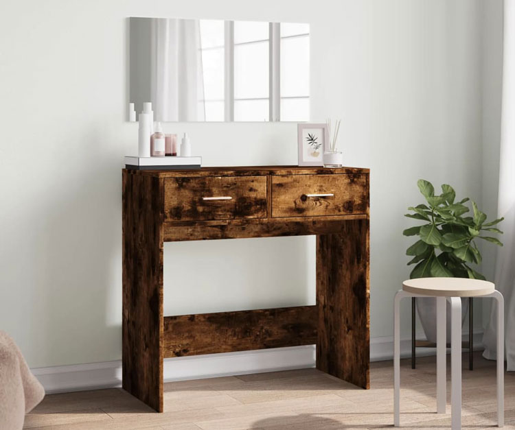 Wnętrze z wykorzystaniem kompletu biurko toaletka z lustrem ściennym Milu przydymiony dąb