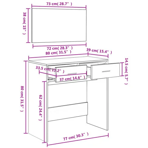 Wymiary zestawu biurko z toaletką Aziona