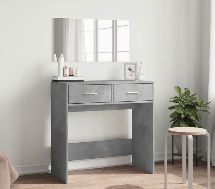 Wnętrze z wykorzystaniem kompletu biurko toaletka z lustrem ściennym Milu szarość betonu