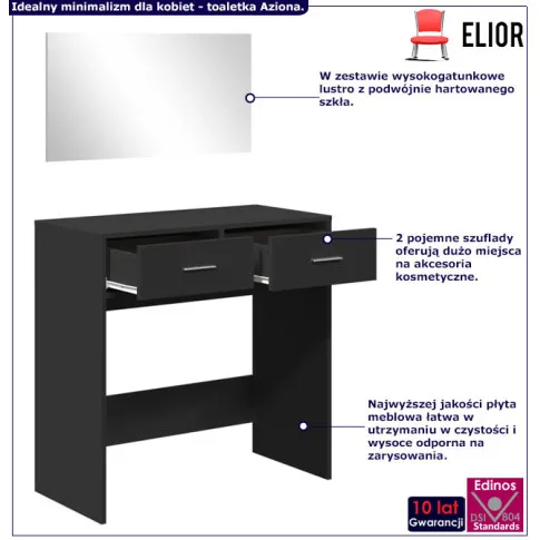 Czarne biurko kosmetyczne z lustrem ściennym Aziona