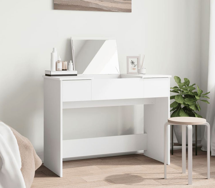 Sypialnia z białą toaletką z lustrem pod unoszonym blatem Balisto