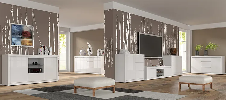 Wizualizacja aranżacji z komodą biały połysk Mosanti 3X