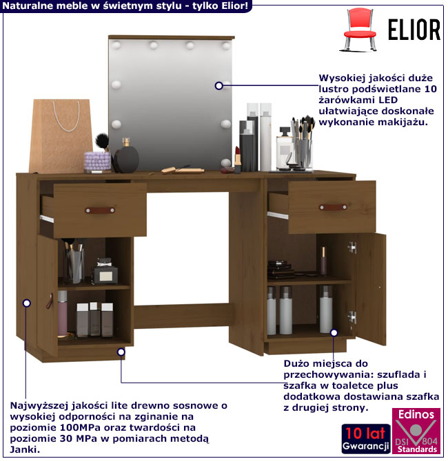 Drewniana toaletka z lustrem LED Nilsa 4X miodowy brąz