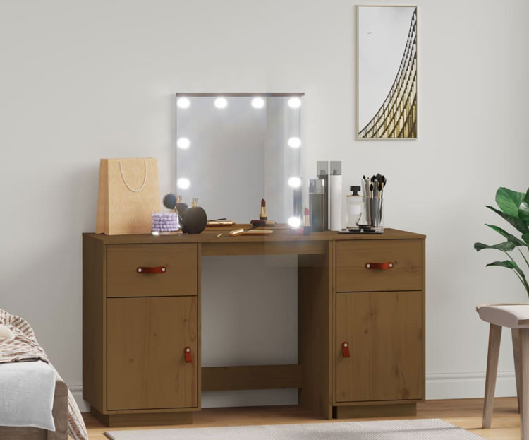 Wizualizacja drewnianej toaletki z podświetlanym lustrem Nilsa 4X miodowy brąz