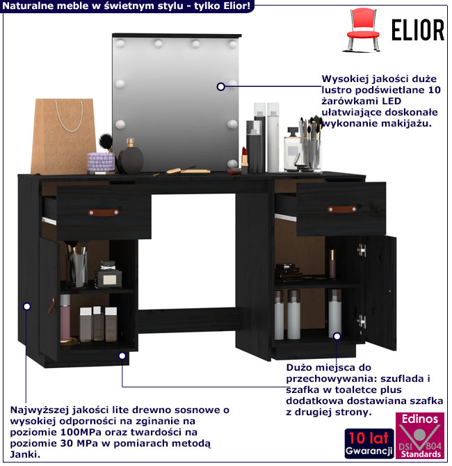 Czarna toaletka z lustrem LED Nilsa 4X