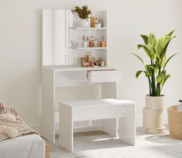 Wizualizacja białej nowoczesnej toaletki ze stołkiem połysk Aleksa