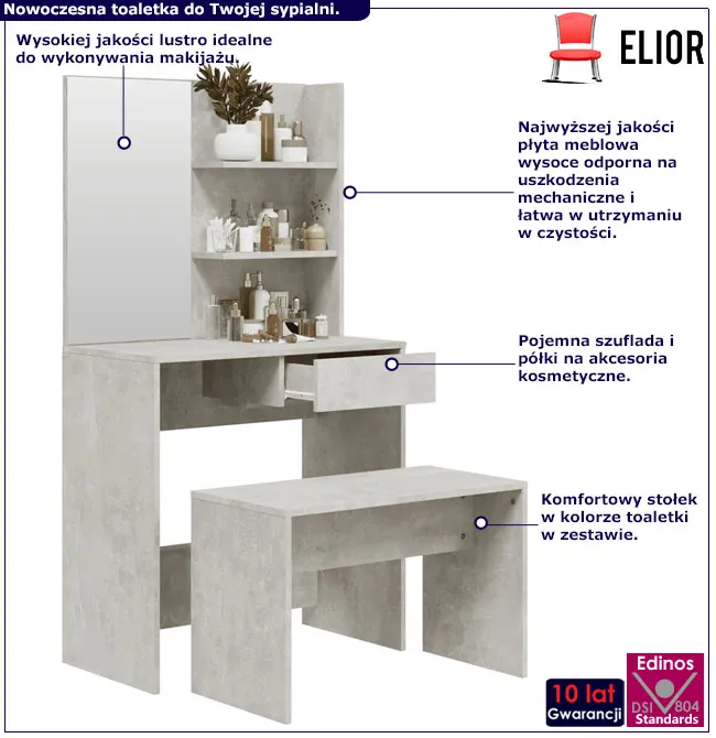 Wąska toaletka ze stołkiem Aleksa szarość betonu