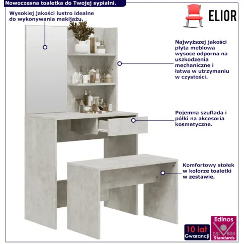 Betonowa toaletka z lustrem i stołkiem do sypialni Rienna