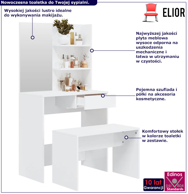 Biała wąska toaletka ze stołkiem Aleksa