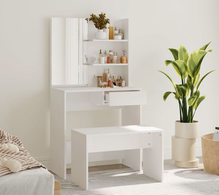 Wizualizacja białej nowoczesnej toaletki ze stołkiem Aleksa