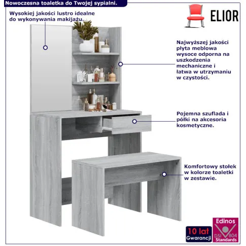 Nowoczesna toaletka z lustrem i stołkiem Rienna szary dąb sonoma