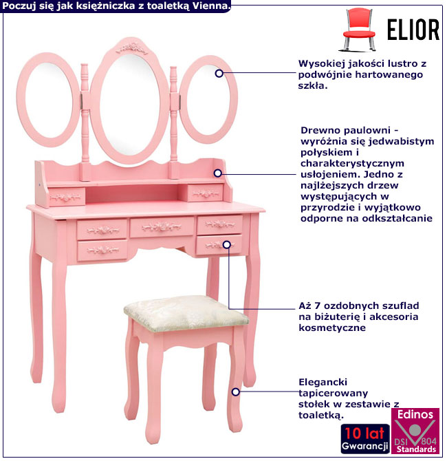 Różowa toaletka ze składanym lustrem i stołkiem Savita