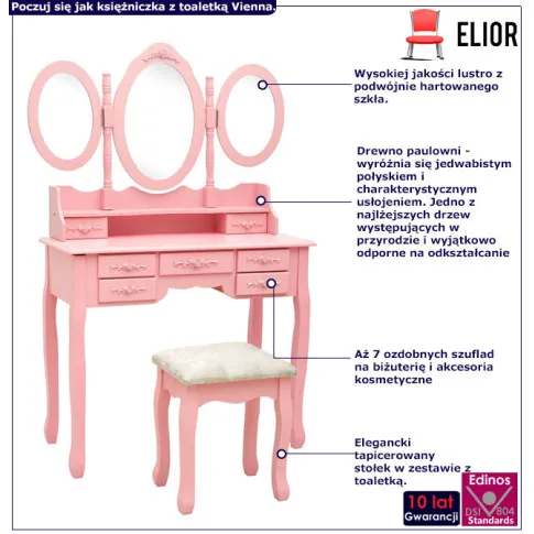 Różowa ozdobna toaletka kosmetyczna Vienna