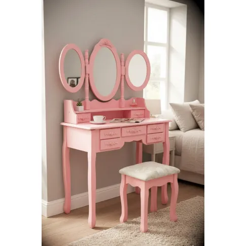 Różowa toaletka z lustrem i stołkiem w stylu rustykalnym   Savita
