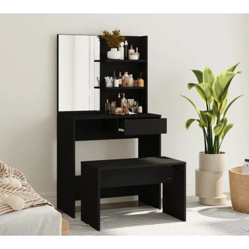 Zestaw czarna toaletka ze stołkiem Rienna w przykładowej sypialni