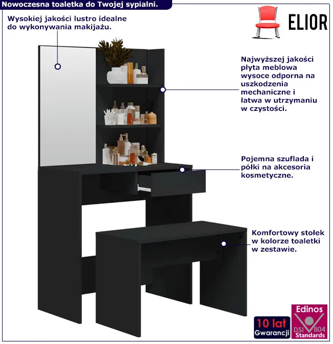 Wąska toaletka ze stołkiem Aleksa czarny