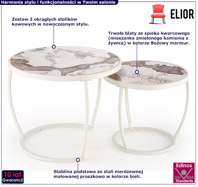 komplet wsuwanych stolików kawowych beżowy marmur I