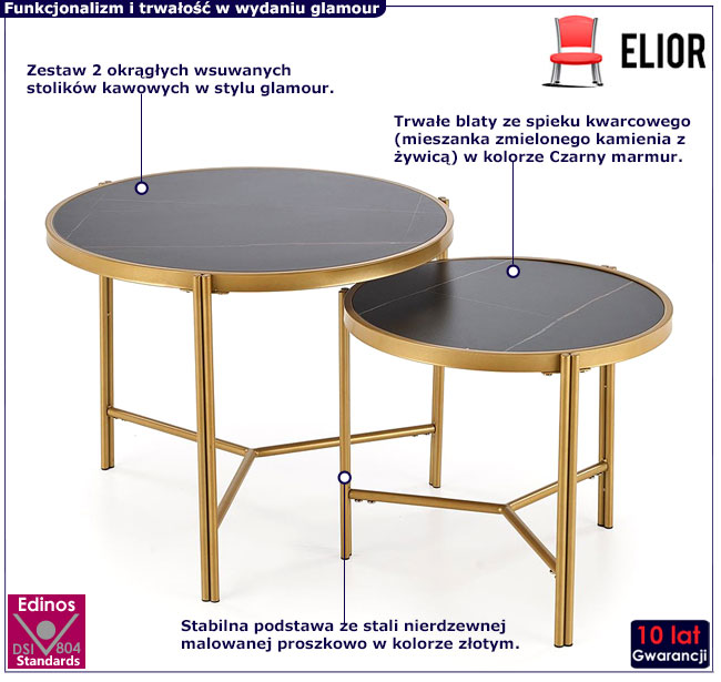 komplet wsuwanych stolików kawowych czarny marmur Pedrox