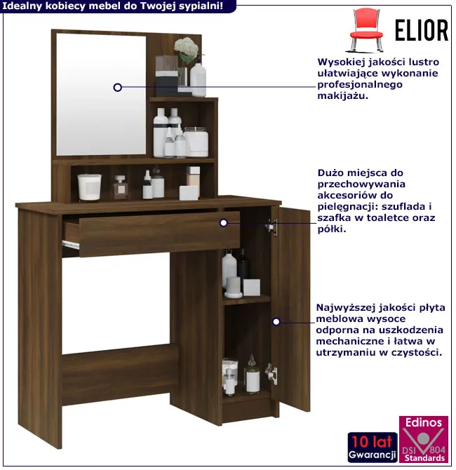 Wąska toaletka do makijażu z lustrem Haleb 3X brązowy dąb
