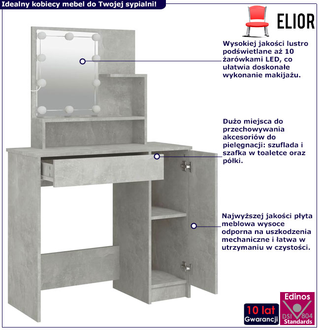 Wąska toaletka z lustrem podświetlanym Haleb 4X betonowa szarość