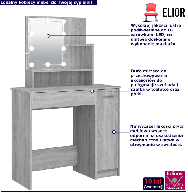 Wąska toaletka z lustrem podświetlanym Haleb 4X szary dąb sonoma