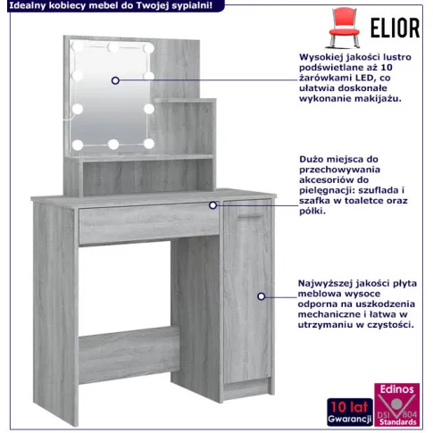 Toaletka do makijażu z LED szary dąb sonoma Razia 4X