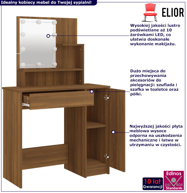 Wąska toaletka z lustrem podświetlanym Haleb 4X brązowy dąb
