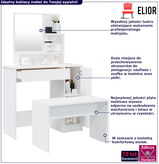 Toaletka ze stołkiem do sypialni biała Haleb 5X