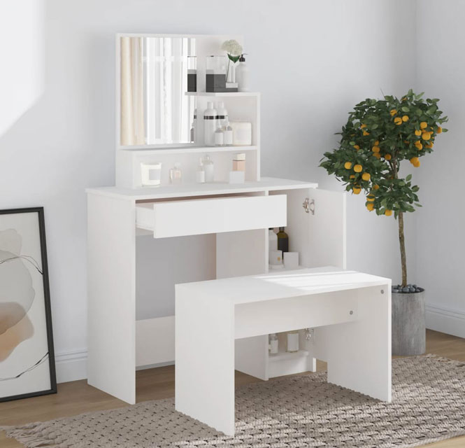 Sypialnia z wykorzystaniem białej toaletki z taboretem Haleb 5X