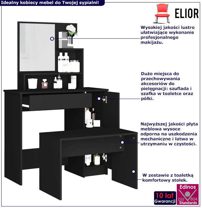 Czarna toaletka ze stołkiem do sypialni Haleb 5X