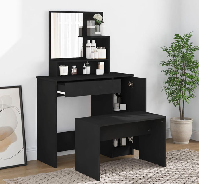 Sypialnia z wykorzystaniem czarnej toaletki z taboretem Haleb 5X