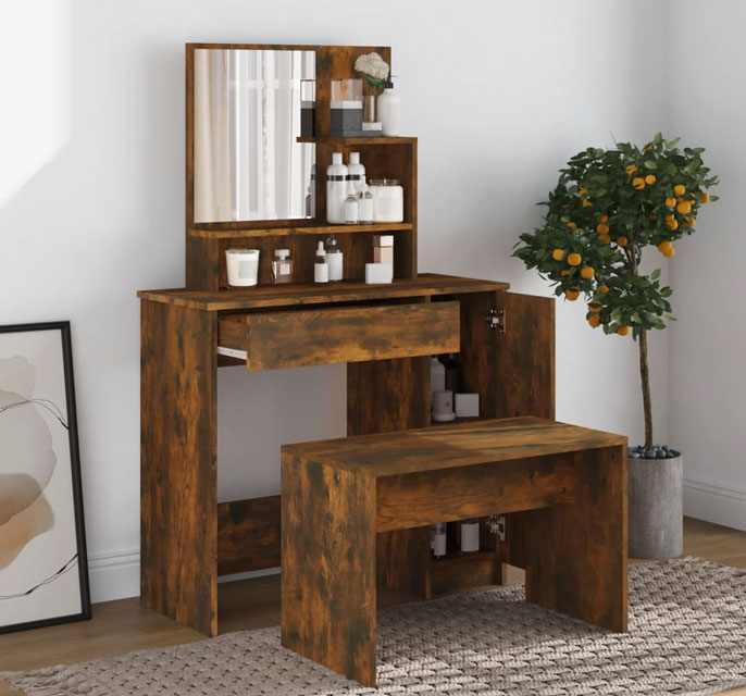 Sypialnia z wykorzystaniem rustykalnej toaletki z taboretem przydymiony dąb Haleb 5X