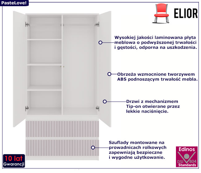 Biało-różowa dziecięca szafa z szufladami półkami i drążkiem Bano 9X