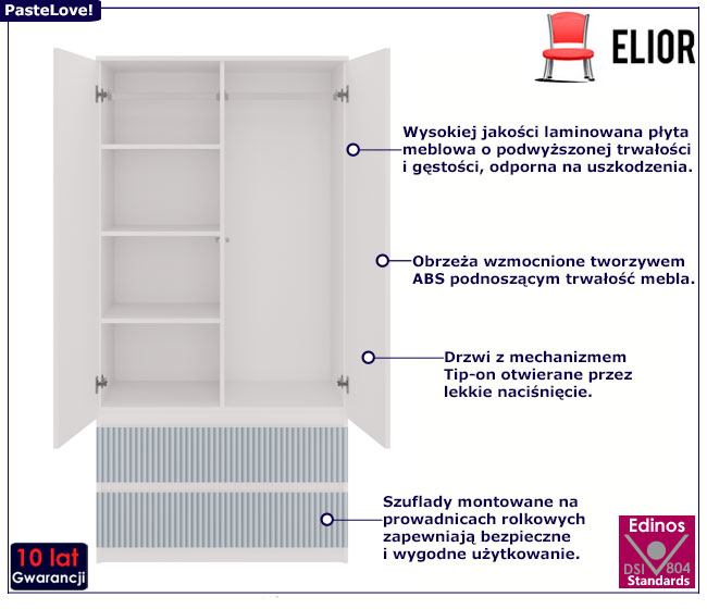 Biało-niebieska dziecięca szafa z szufladami półkami i drążkiem Bano 9X