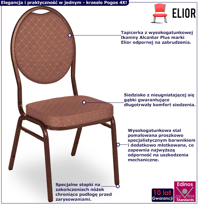 Infografika brązowego eleganckiego krzesła bankietowego Guan 4X
