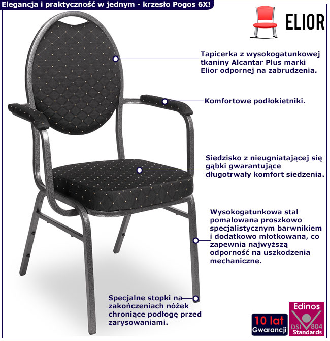Infografika eleganckiego krzesła bankietowego z podłokietnikami Guan 6X
