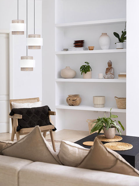 Beżowo-biała lampa wisząca z abażurem boho T618-Mesa