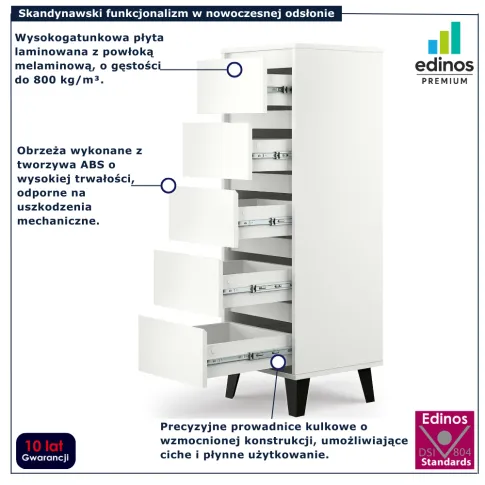 Biała skandynawska komoda z 5 szufladami Bilgo 6X
