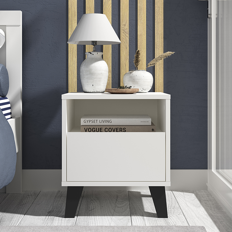 Wizualizacja wnętrza z białą szafkę nocną Bilgo 7X