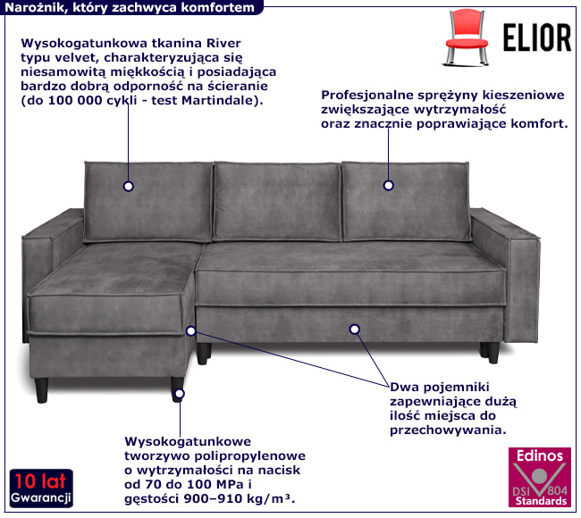 Szary welurowy narożnik z funkcja spania Sterex