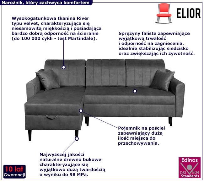 Szary pikowany narożnik z pojemnikiem Gabor