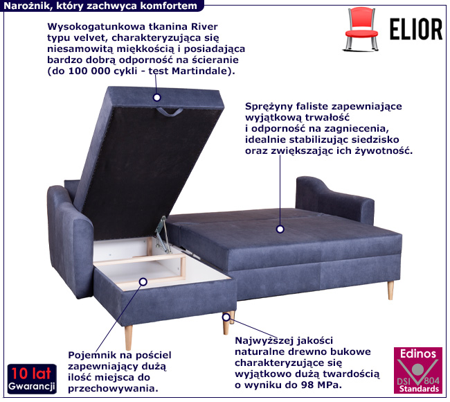 Granatowy pikowany narożnik z pojemnikiem Gabor