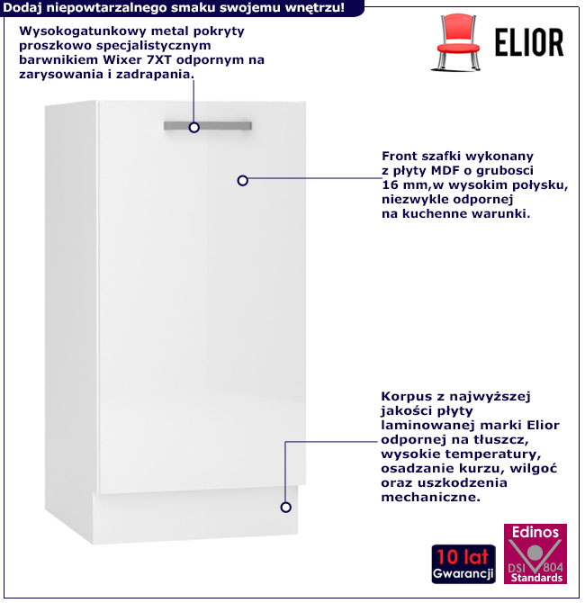 Wąska szafka kuchenna dolna 40 cm Elora 32X biały połysk