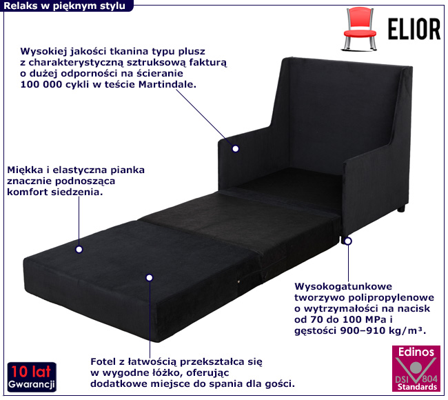 Czarny fotel rozkładany Orvo