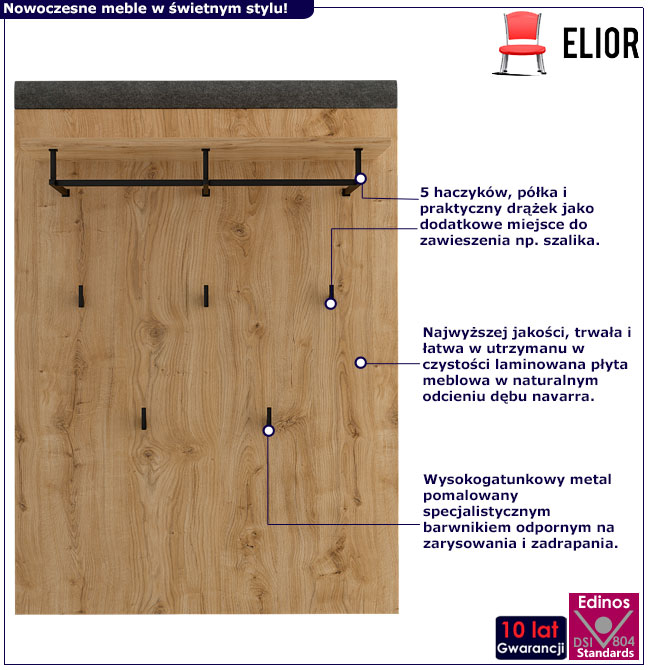 Wieszak ścienny z półką dąb navarra + grafit Grelona 6X