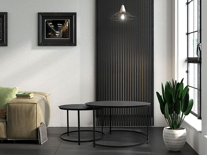 Zestaw czarnych okrągłych industrialnych stolików kawowych Eloise