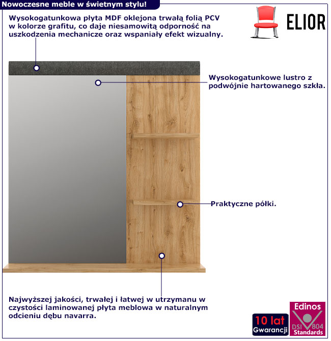 Lustro ścienne z półkami dąb navarra + grafit Grelona 8X